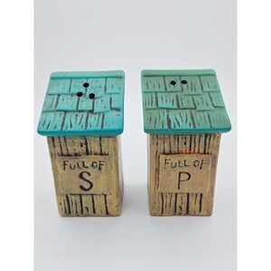 Outhouse Salt and Pepper Shakers Set Full of S and P Ceramic Rustic Teal